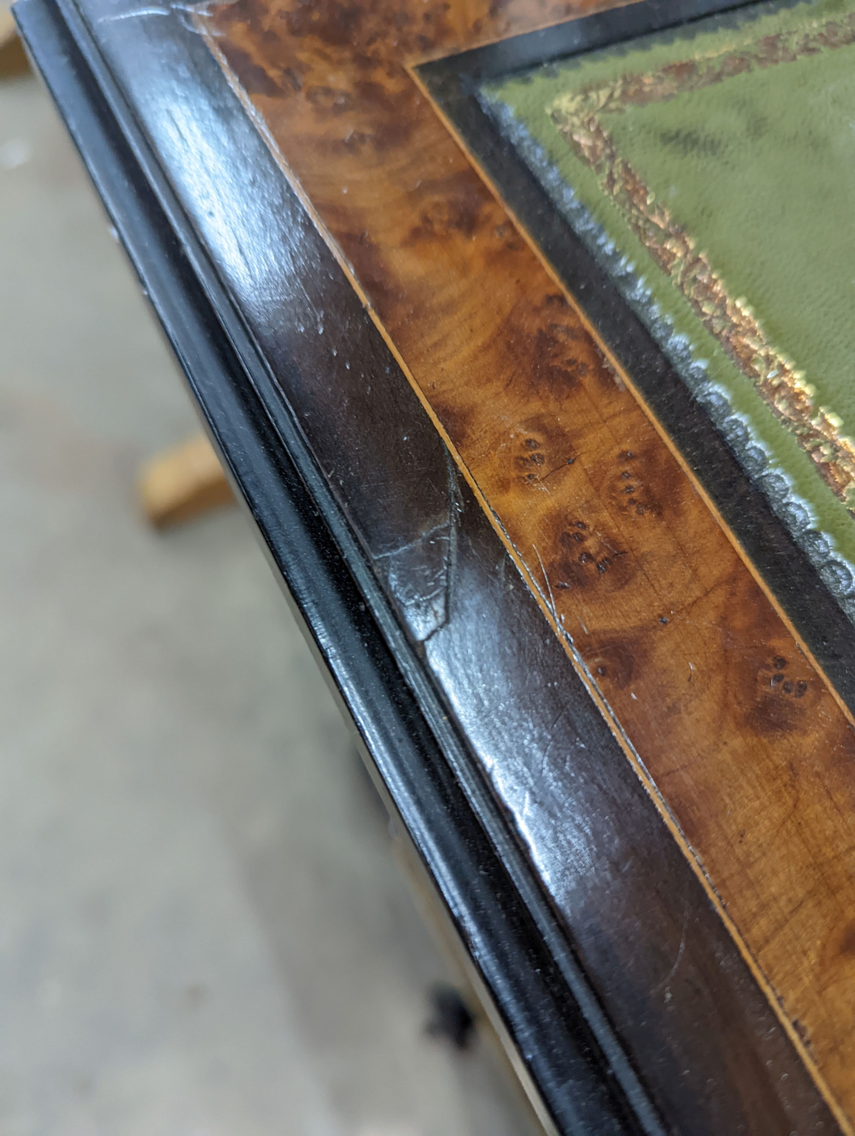 A late Victorian ebonised and bird's eye maple folding writing / card table, width 91cm, depth 48cm, height 75cm